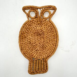 Handwoven Rattan Owl Shaped Coil Basket Rustic Farmhouse Kitchen 11.5"H x 7"W